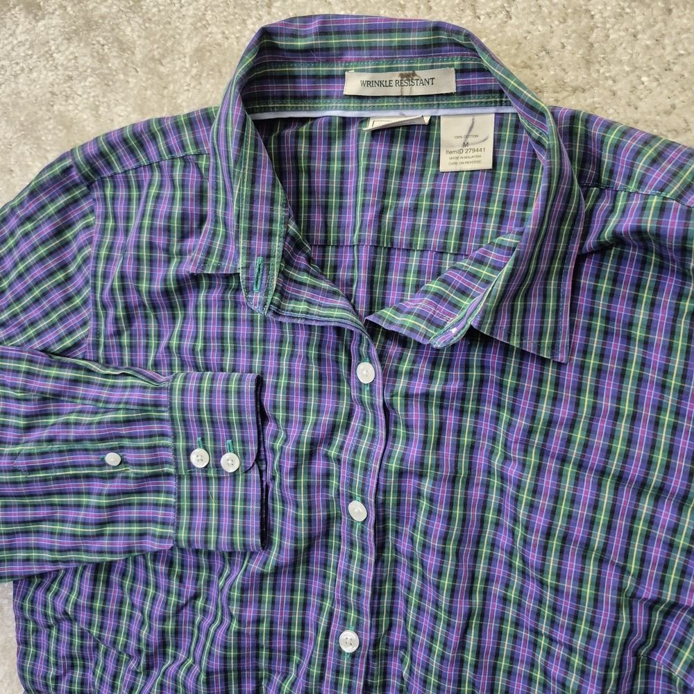 LL Bean Button Up Shirt Womens Medium Purple Plaid Button Up Mature Classic Mom